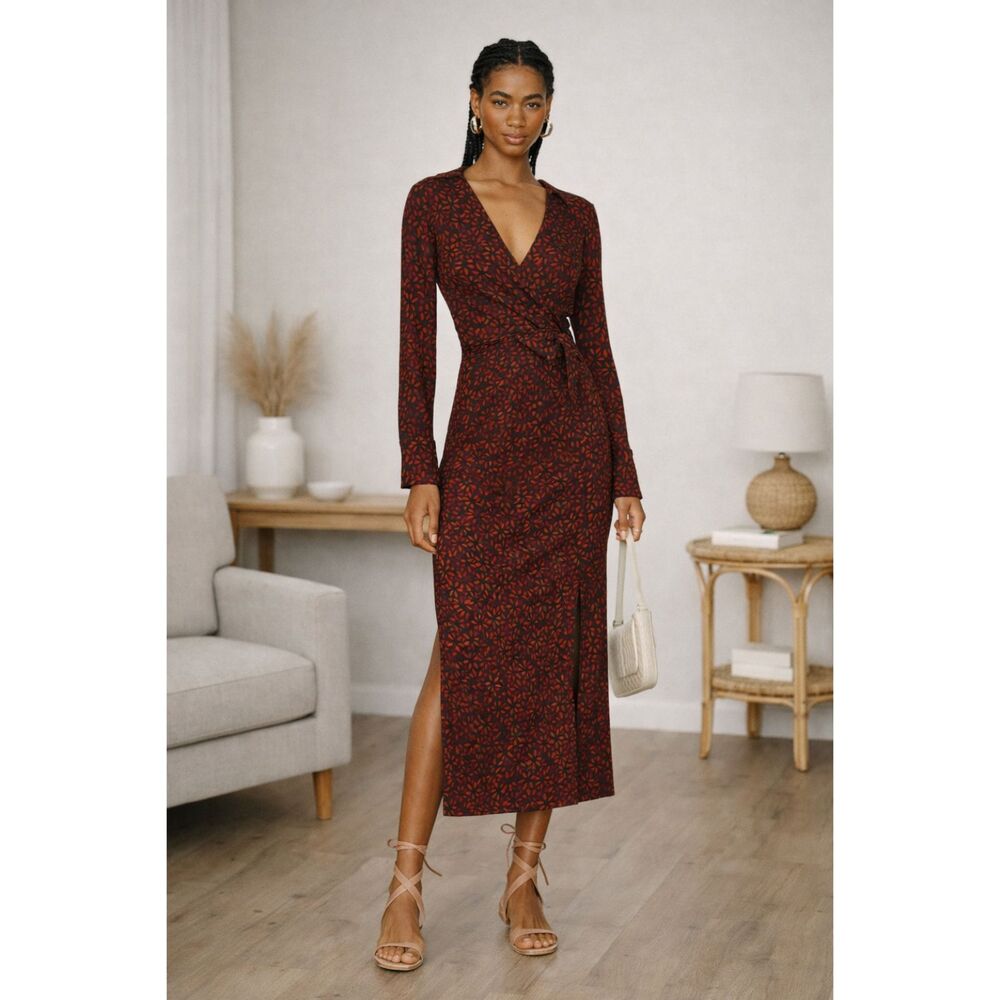 Free People Shayla Floral Wrap Midi Dress Long Sleeve Maroon Boho Size S NWT